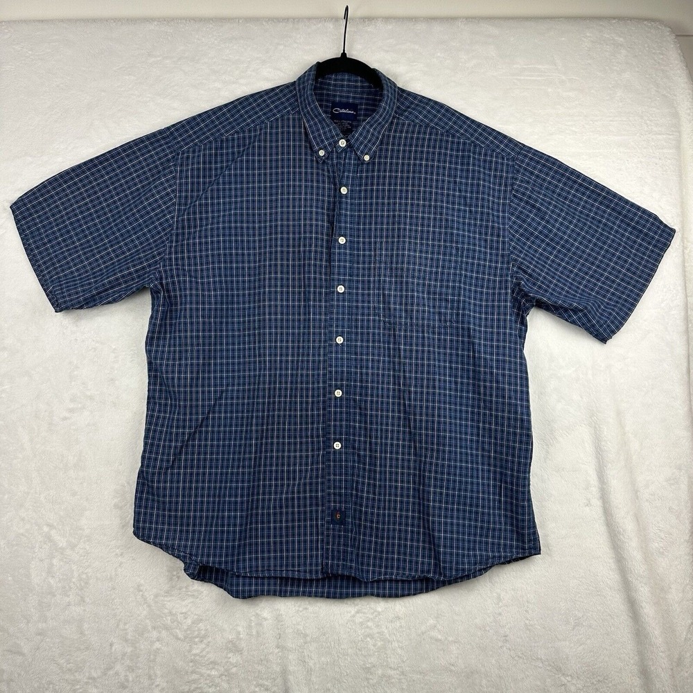 Catalina‎ Shirt Men XL Short Sleeve Navy Blue Button Down Plaid Retro Preppy